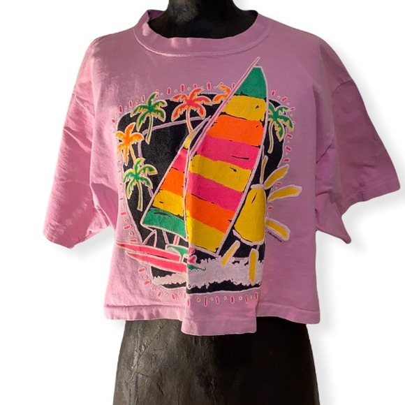 Authentic Vintage Late 1980’s / Early 1990’s Midriff T’Shirt with Summer Design - Picture 1 of 10